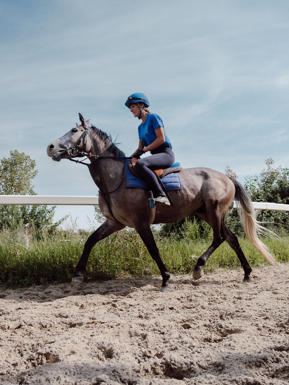 Cavaliera al trotto sulla pista in sabbia